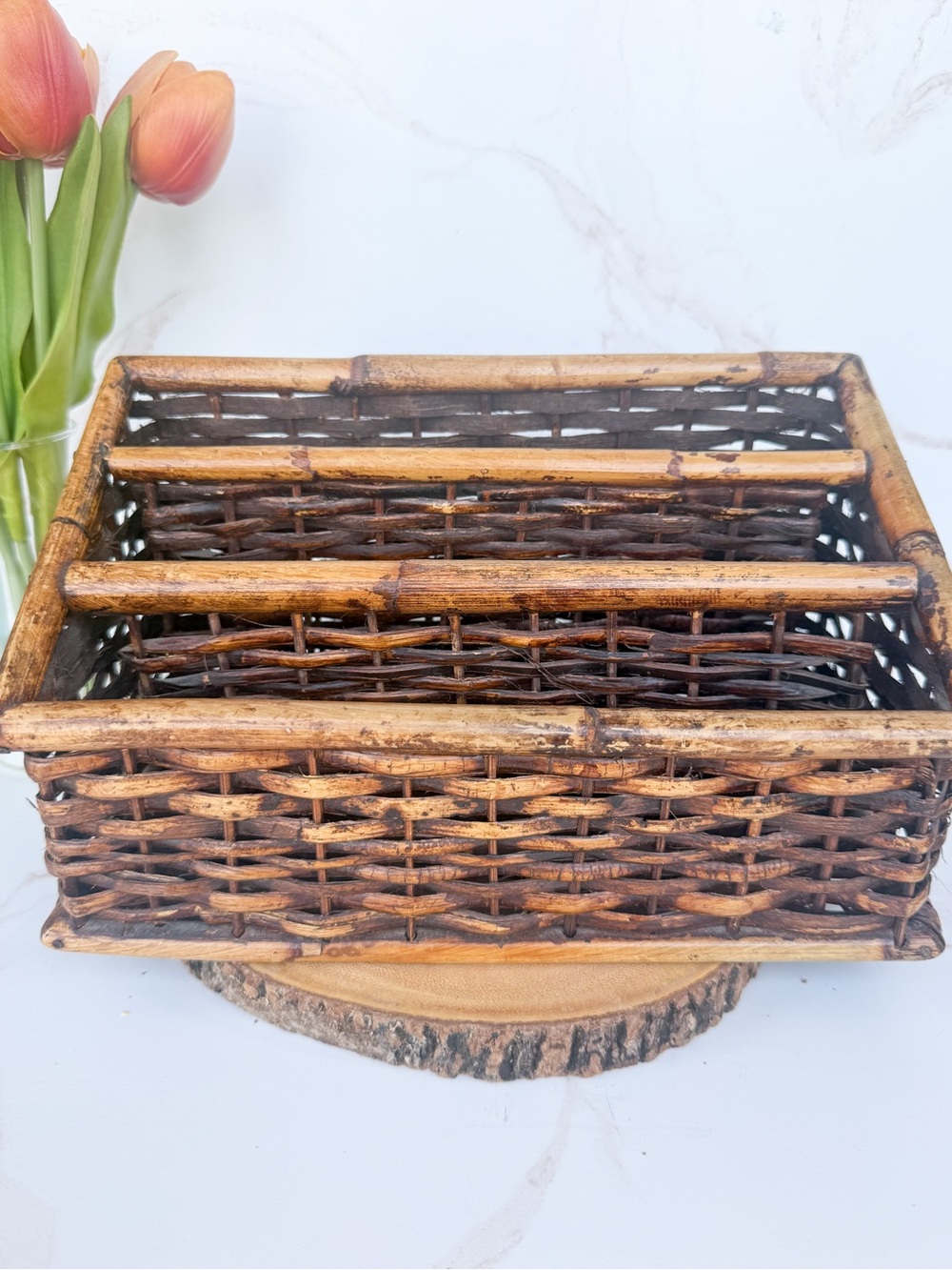 Vintage Burnt Bamboo Rattan Storage Caddy - Coastal Ralph Lauren Decor